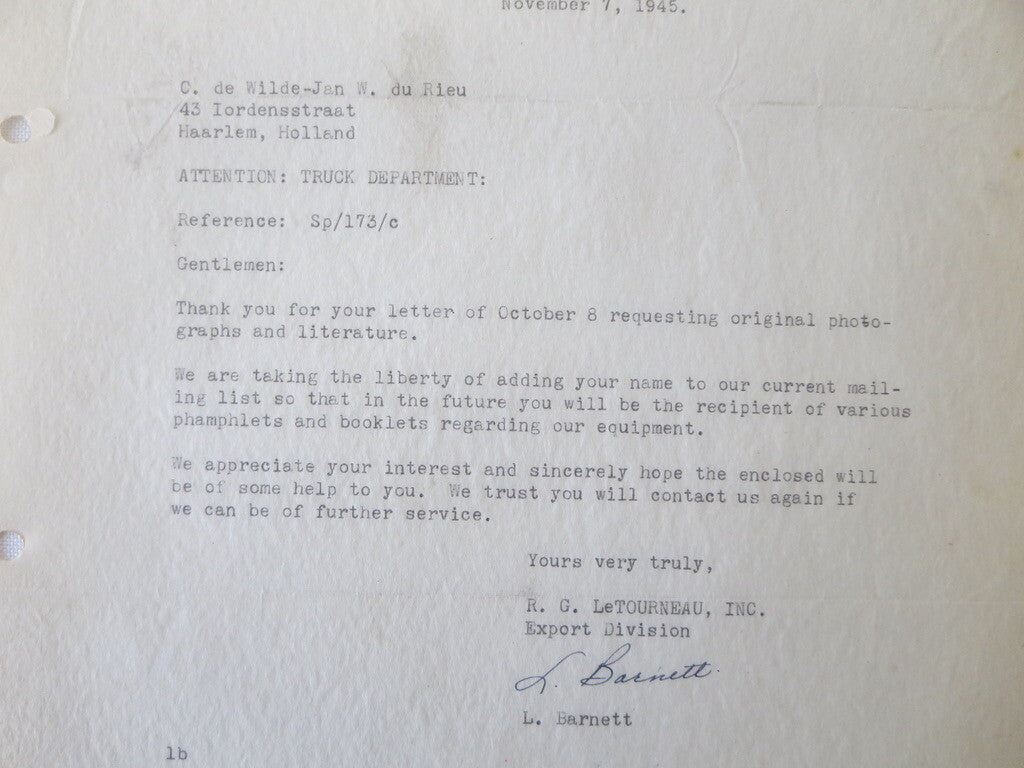 1945 RG Letourneau Inc Heavy Grading Equipment Letter Letterhead Document 