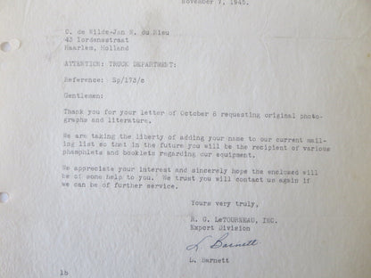 1945 RG Letourneau Inc Heavy Grading Equipment Letter Letterhead Document 