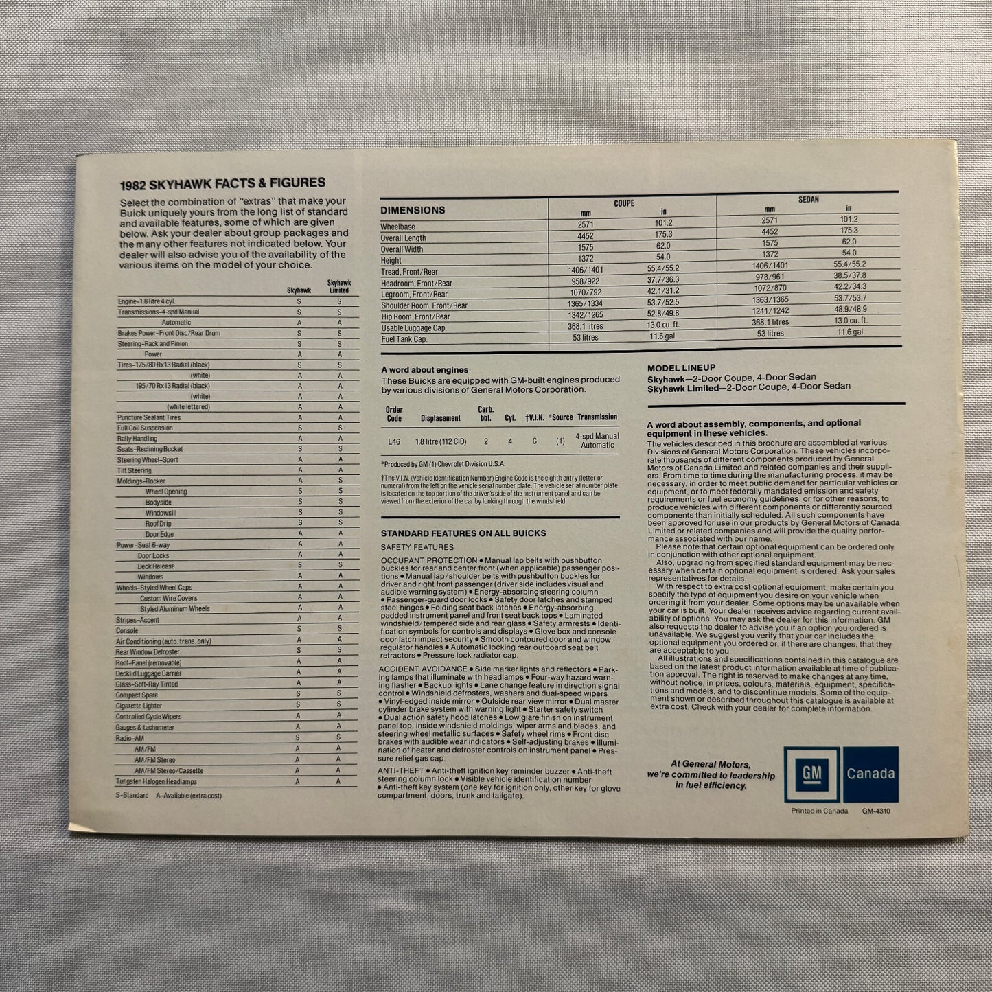 1982 Buick Skyhawk Car Sales Brochure Catalog Coupe Sedan Limited