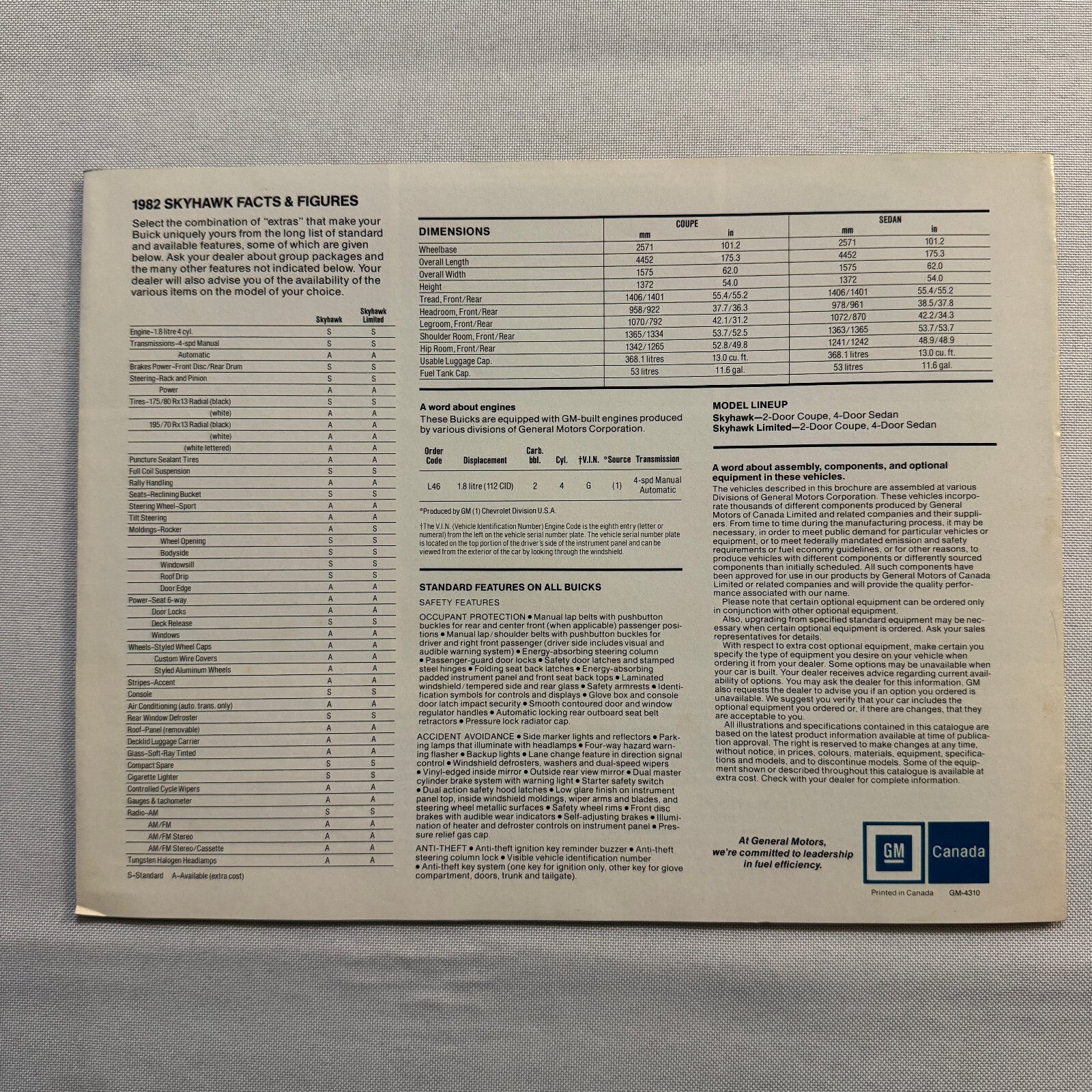 1982 Buick Skyhawk Car Sales Brochure Catalog Coupe Sedan Limited