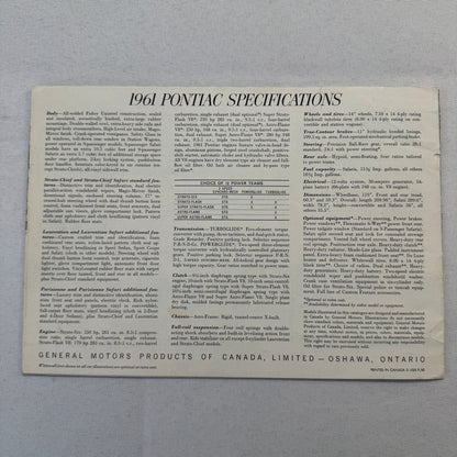 1961 Pontiac Sales Brochure Parisienne Laurentian Strato Chief Canadian Catalog