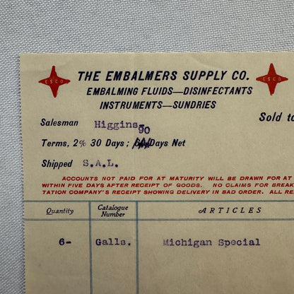 The Embalmers Supply Company Westport Connecticut Letterhead Document 1908