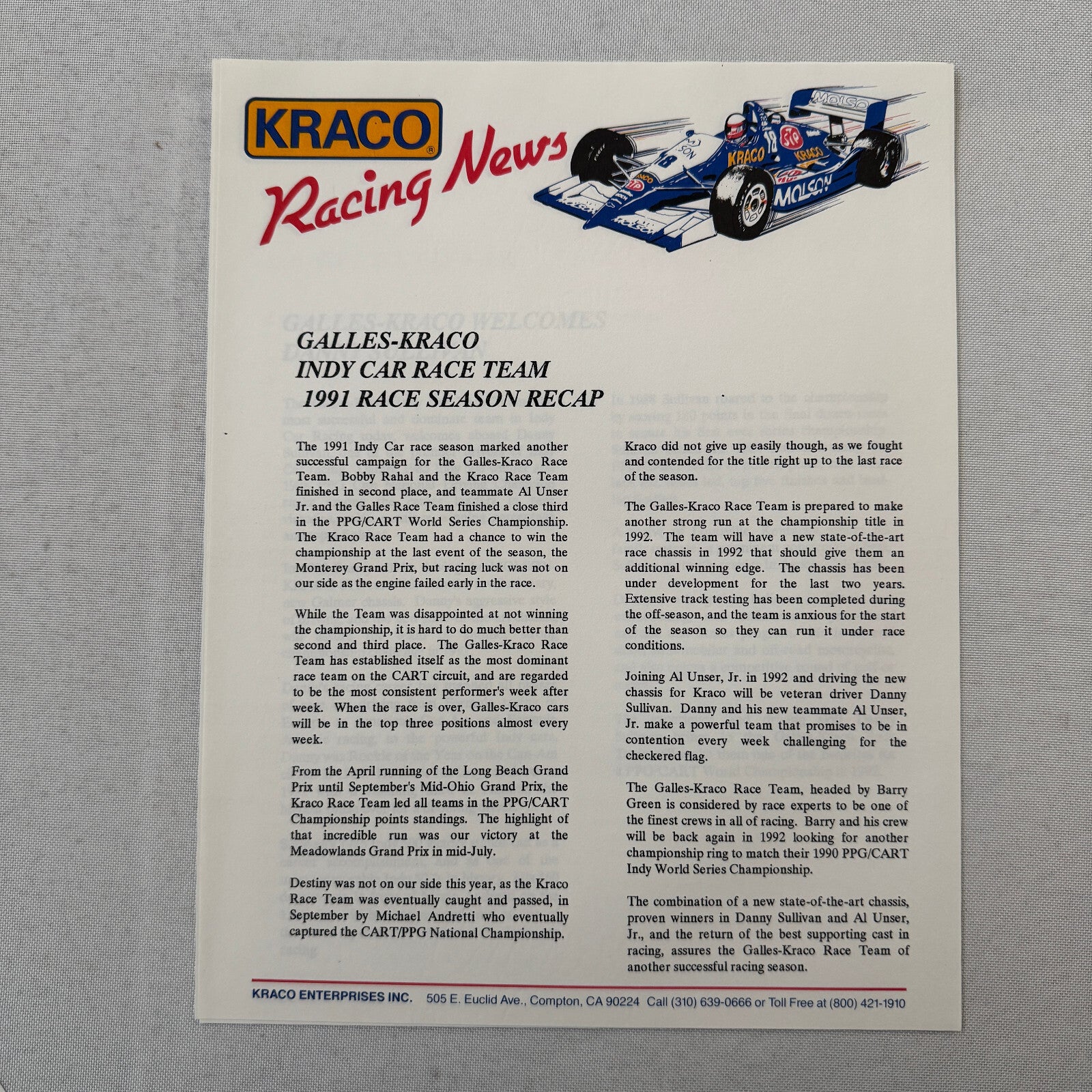1992 Danny Sullivan Kraco Indy Car Racing Press Kit Brochure Photos Galmer Chevy