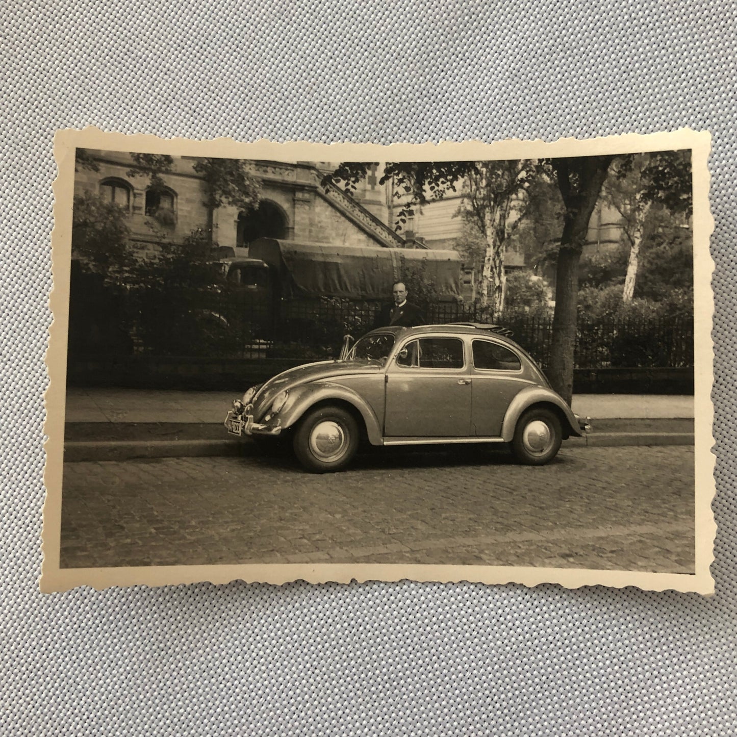 Vintage Photo Photograph Snapshot Man with VW Volkswagen Beetle Bug Car