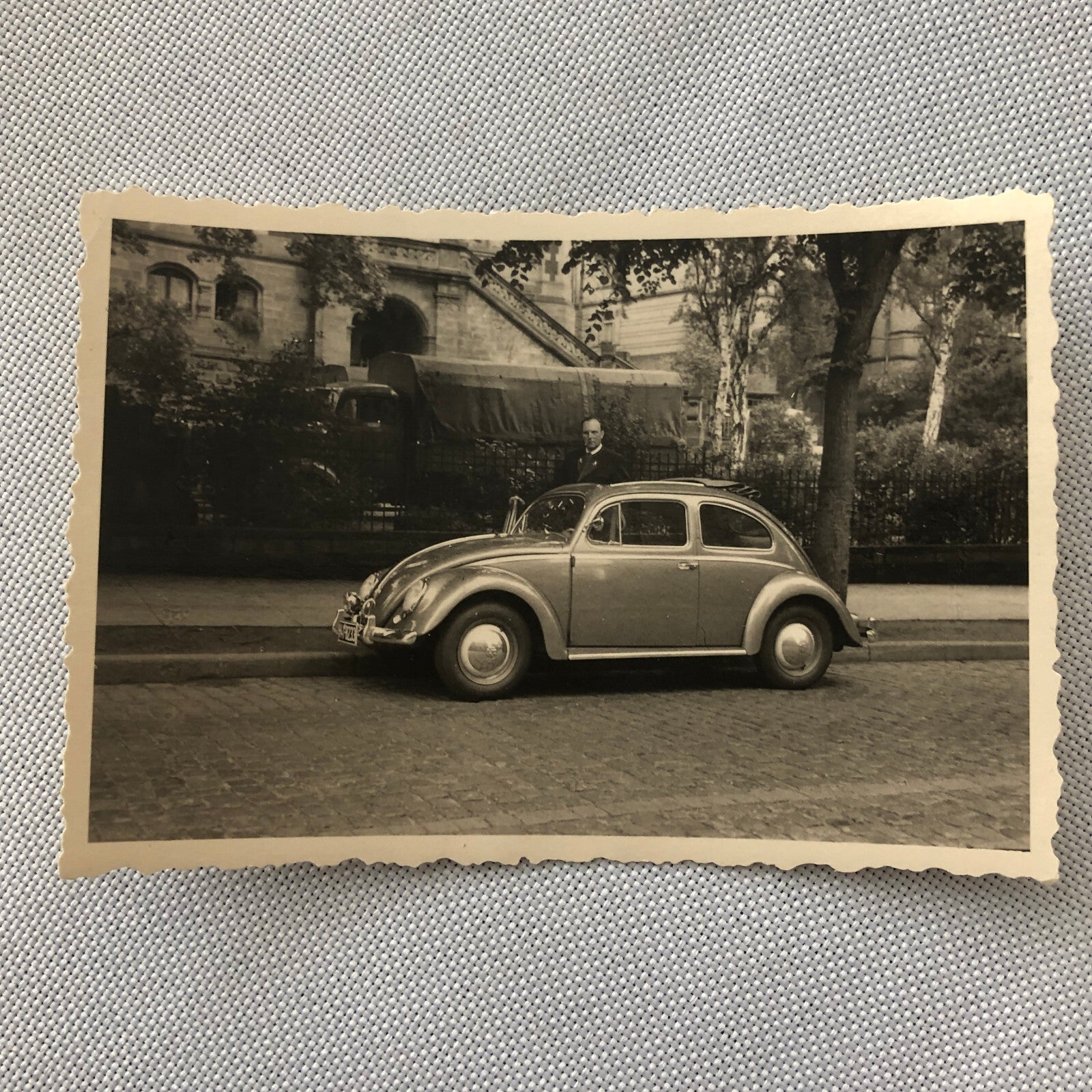 Vintage Photo Photograph Snapshot Man with VW Volkswagen Beetle Bug Car