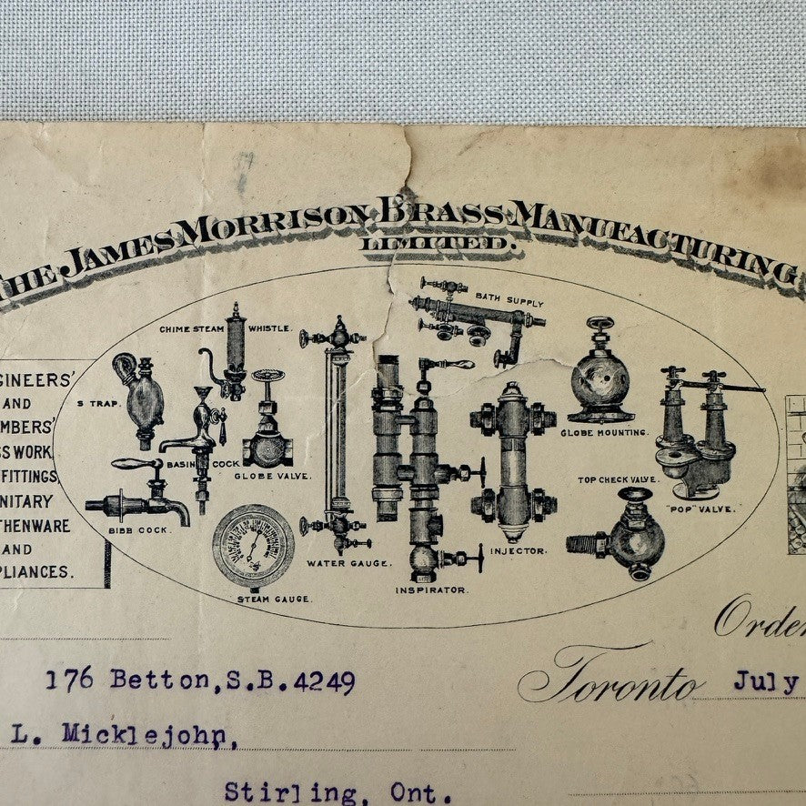 1912 Vintage Receipt Document  James Morrison Brass Manufacturing Company