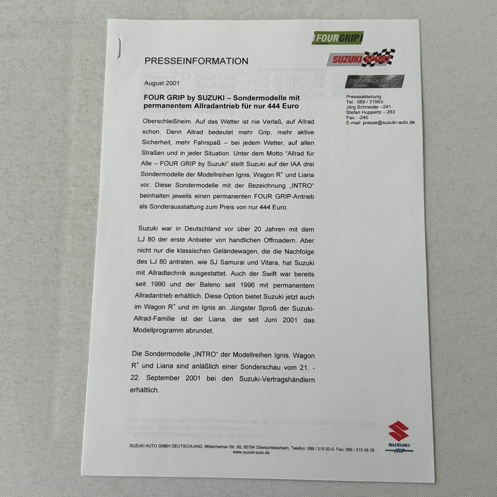 Suzuki Press Kit Vitara Ignis Rallye Racing Wagon R Liana Photos Brochure 2001