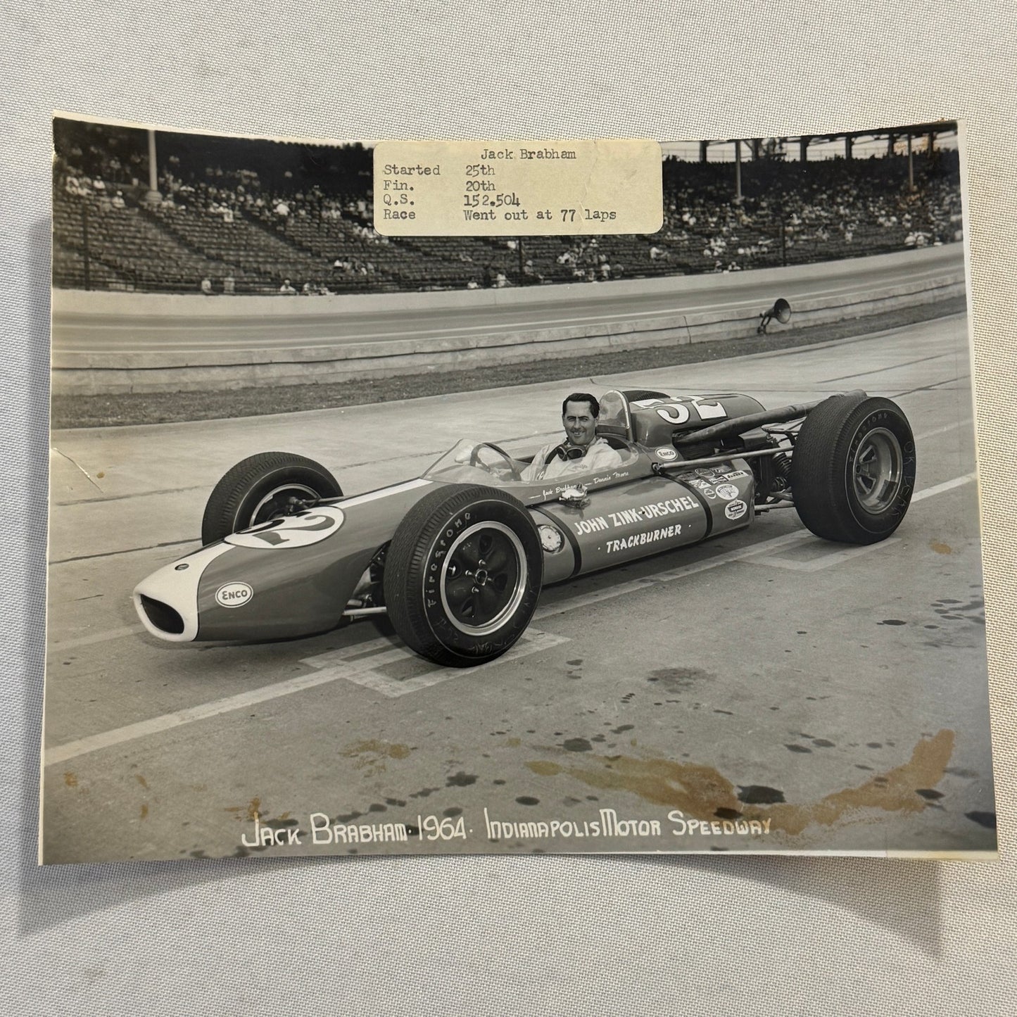 Vintage Racing Photo Photograph Jack Brabham 1964 Indianapolis Motor Speedway