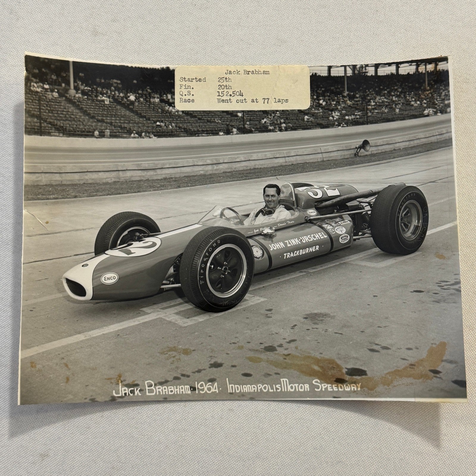Vintage Racing Photo Photograph Jack Brabham 1964 Indianapolis Motor Speedway