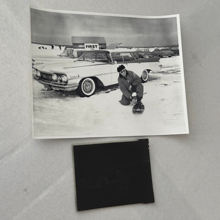 Vintage Oldsmobile Car in Snow Photo NEGATIVE with Print Automobile Photograph