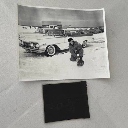 Vintage Oldsmobile Car in Snow Photo NEGATIVE with Print Automobile Photograph