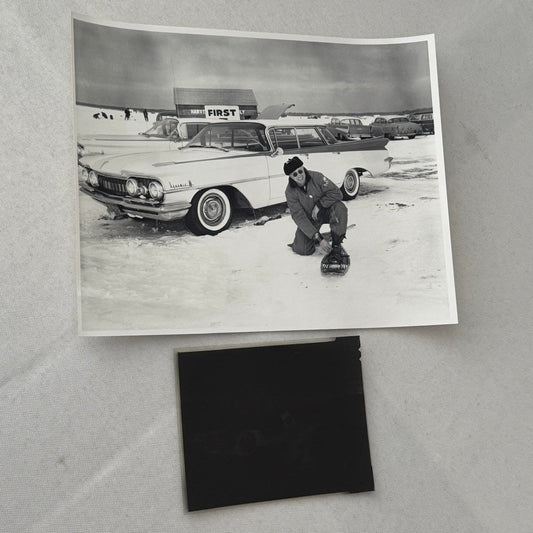 Vintage Oldsmobile Car in Snow Photo NEGATIVE with Print Automobile Photograph