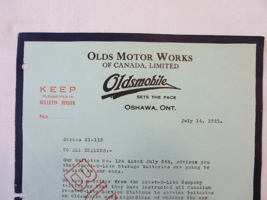 1921 Oldsmobile Dealer Bulletin Letter Prest-O-Lite Batteries Prestolite