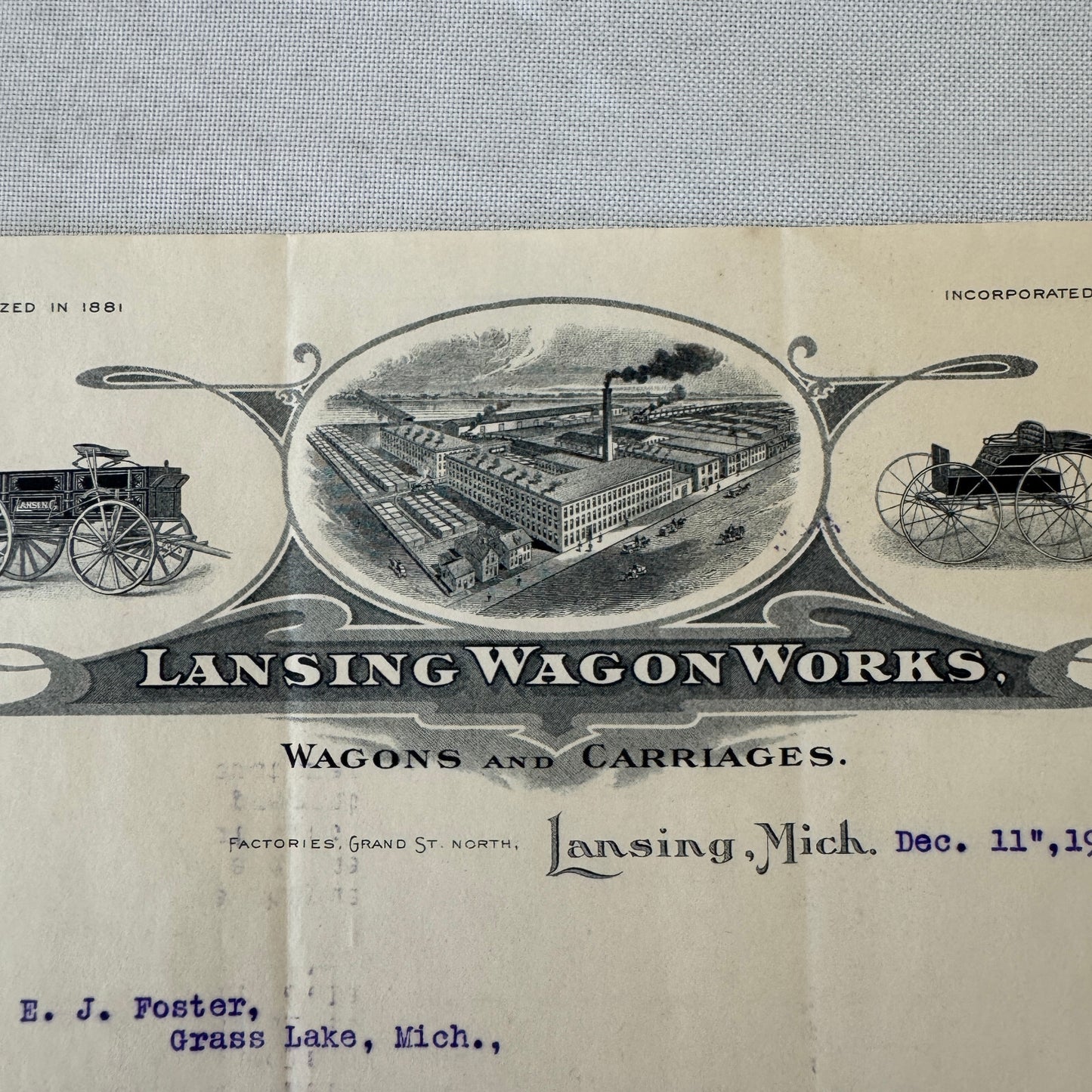 Lansing Wagon Works Wagons Carriages Vintage Document Letterhead Letter 1907