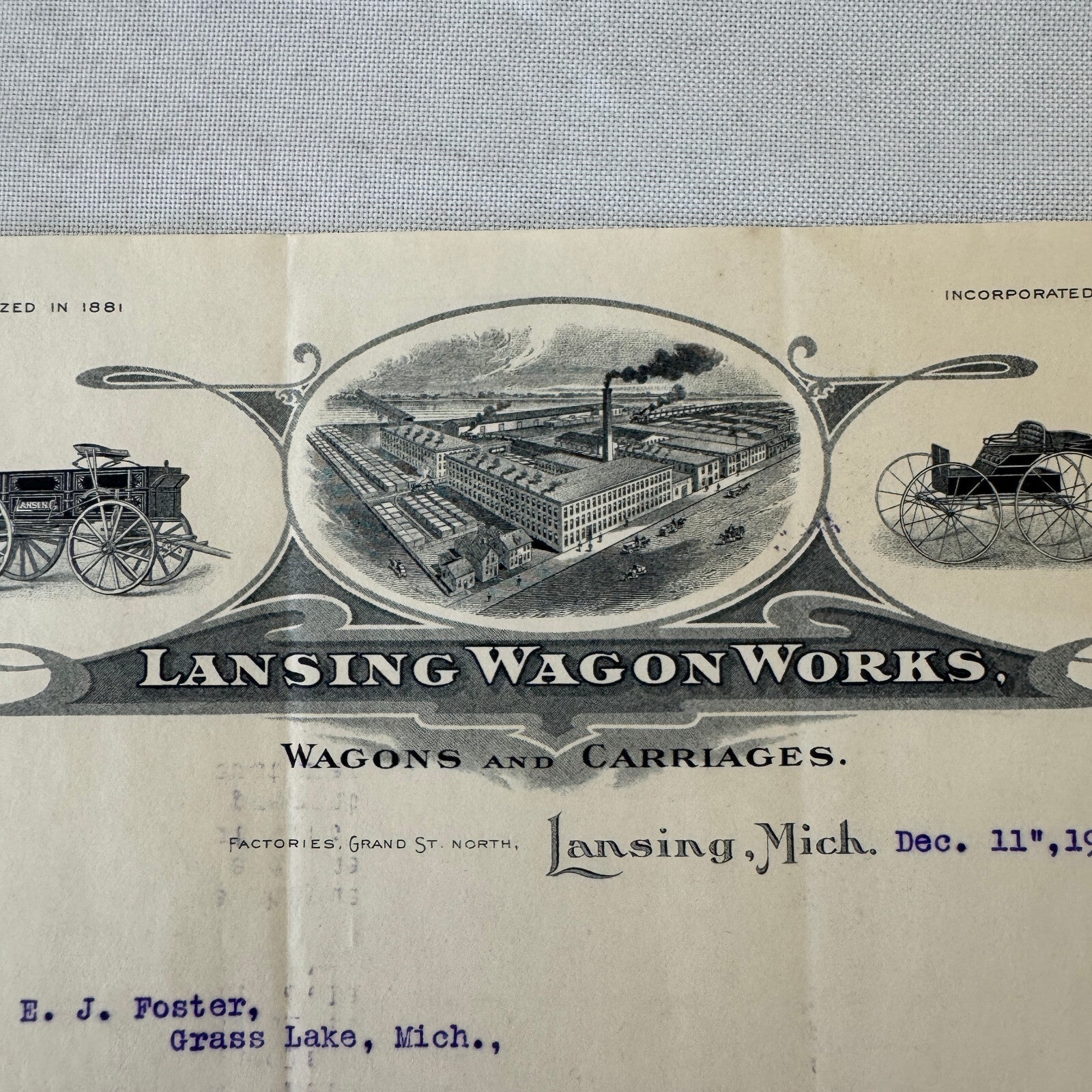 Lansing Wagon Works Wagons Carriages Vintage Document Letterhead Letter 1907