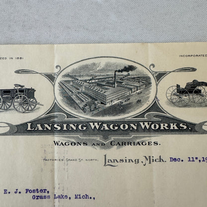 Lansing Wagon Works Wagons Carriages Vintage Document Letterhead Letter 1907