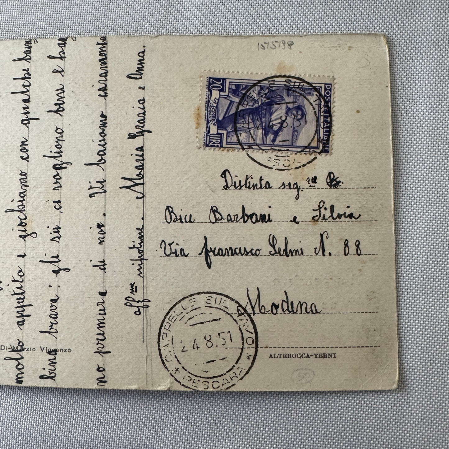 Vintage Italian Postcard Post Card Coppa Acerbo Racing Race Car 1951 Postmark
