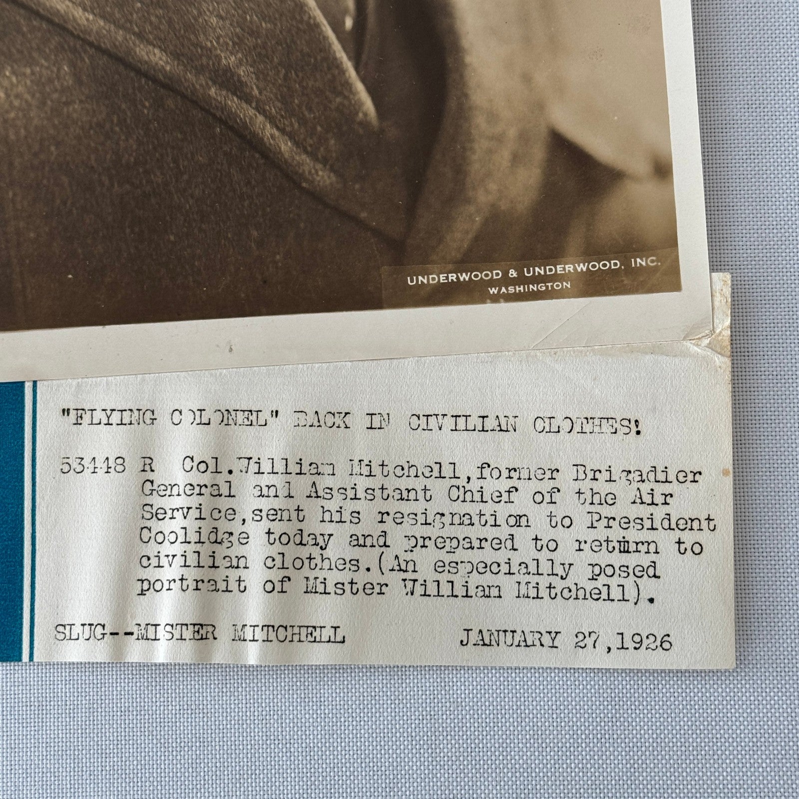 Army Brigadier General Colonel William Mitchell Underwood Press Photo 1926