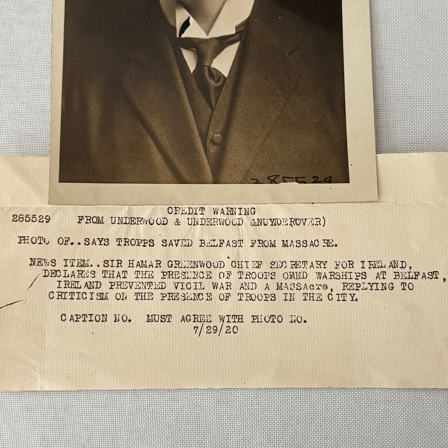 Vintage Press Photo Photograph Portrait Sir Hamar Greenwood Ireland Saved 1920