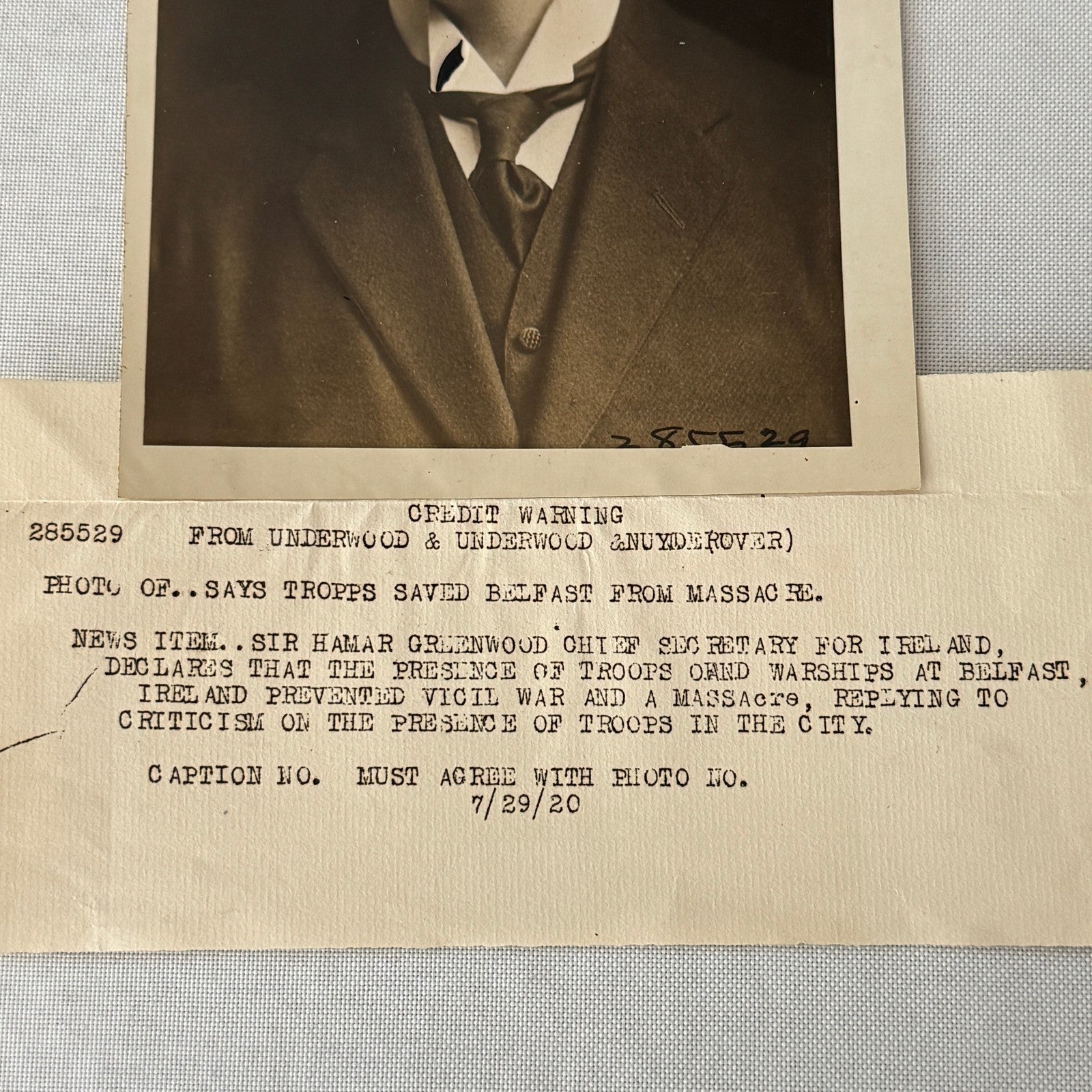 Vintage Press Photo Photograph Portrait Sir Hamar Greenwood Ireland Saved 1920