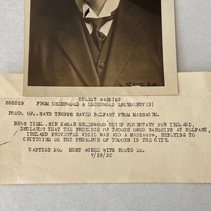 Vintage Press Photo Photograph Portrait Sir Hamar Greenwood Ireland Saved 1920
