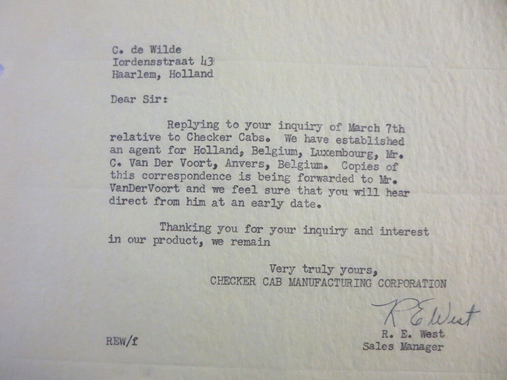 1950 Checker Cab Manufacturing Corporation Car Company Letter Letterhead 