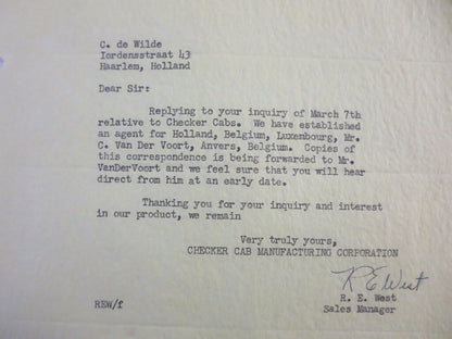 1950 Checker Cab Manufacturing Corporation Car Company Letter Letterhead 