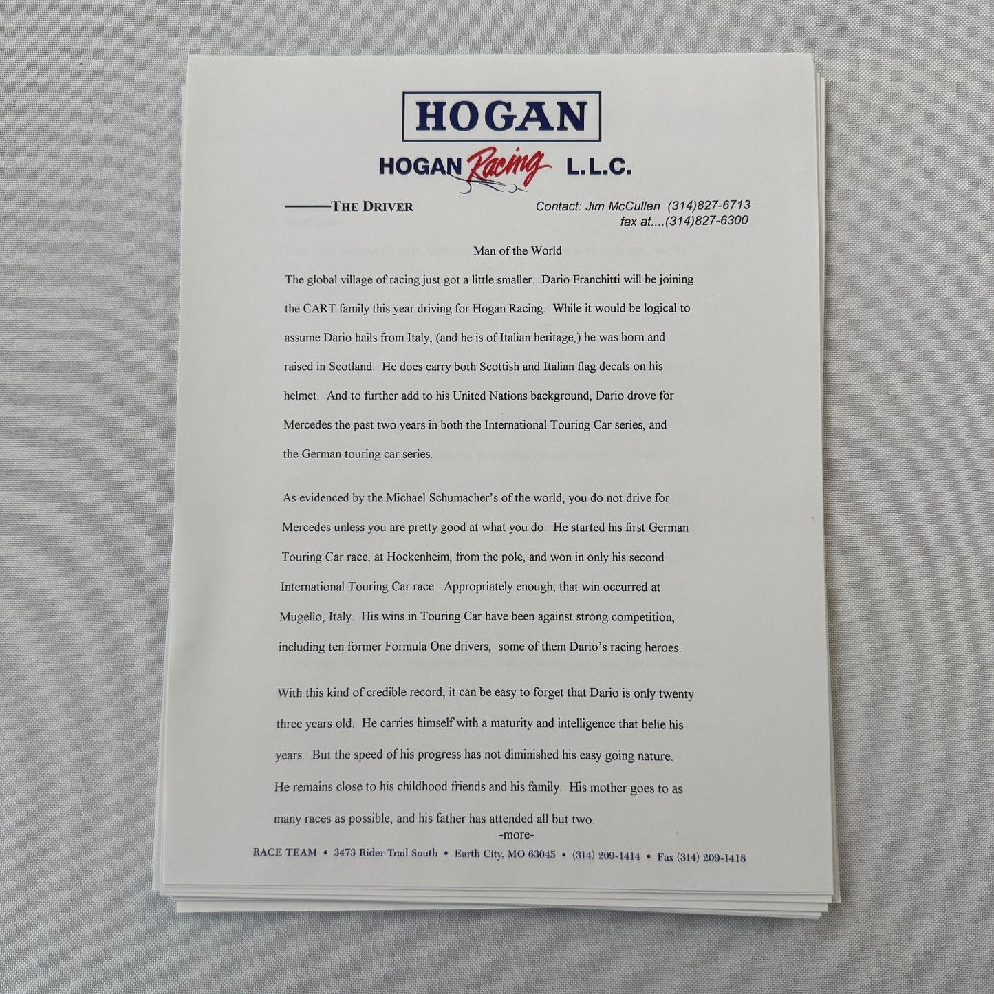 Hogan Racing PPG CART Dario Franchitti Reynard Mercedes Car Racing Press Kit