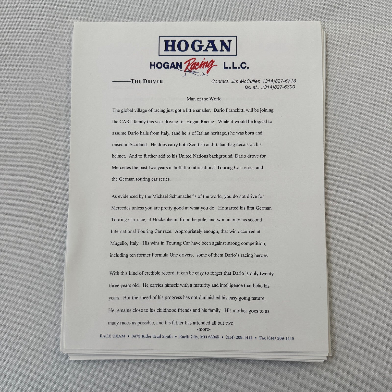 Hogan Racing PPG CART Dario Franchitti Reynard Mercedes Car Racing Press Kit