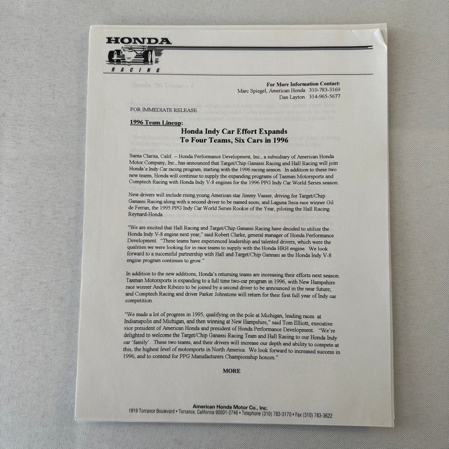 1996 Honda Indy Racing Press Kit Brochure Andre Ribeiro
