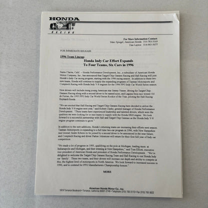 1996 Honda Indy Racing Press Kit Brochure Andre Ribeiro
