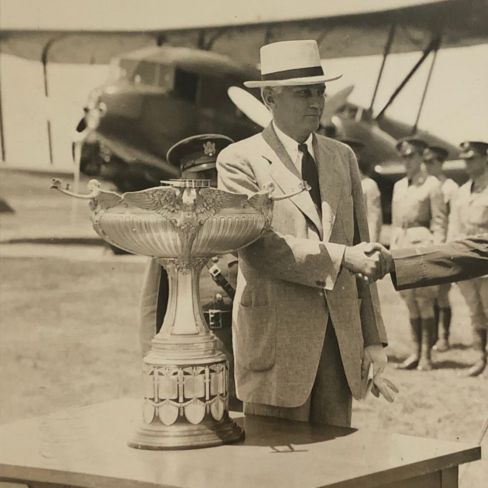 Press Photo Photograph Air Corps Officer Receives Trophy Aviator Pilot Military