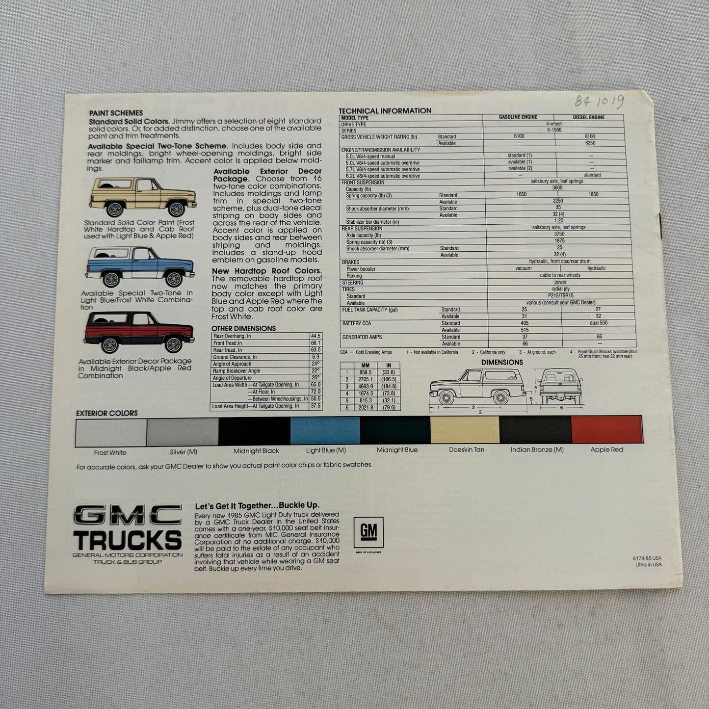 1985 GMC Full Size K Jimmy 4x4 Sales Brochure Catalog GMC K-Jimmy