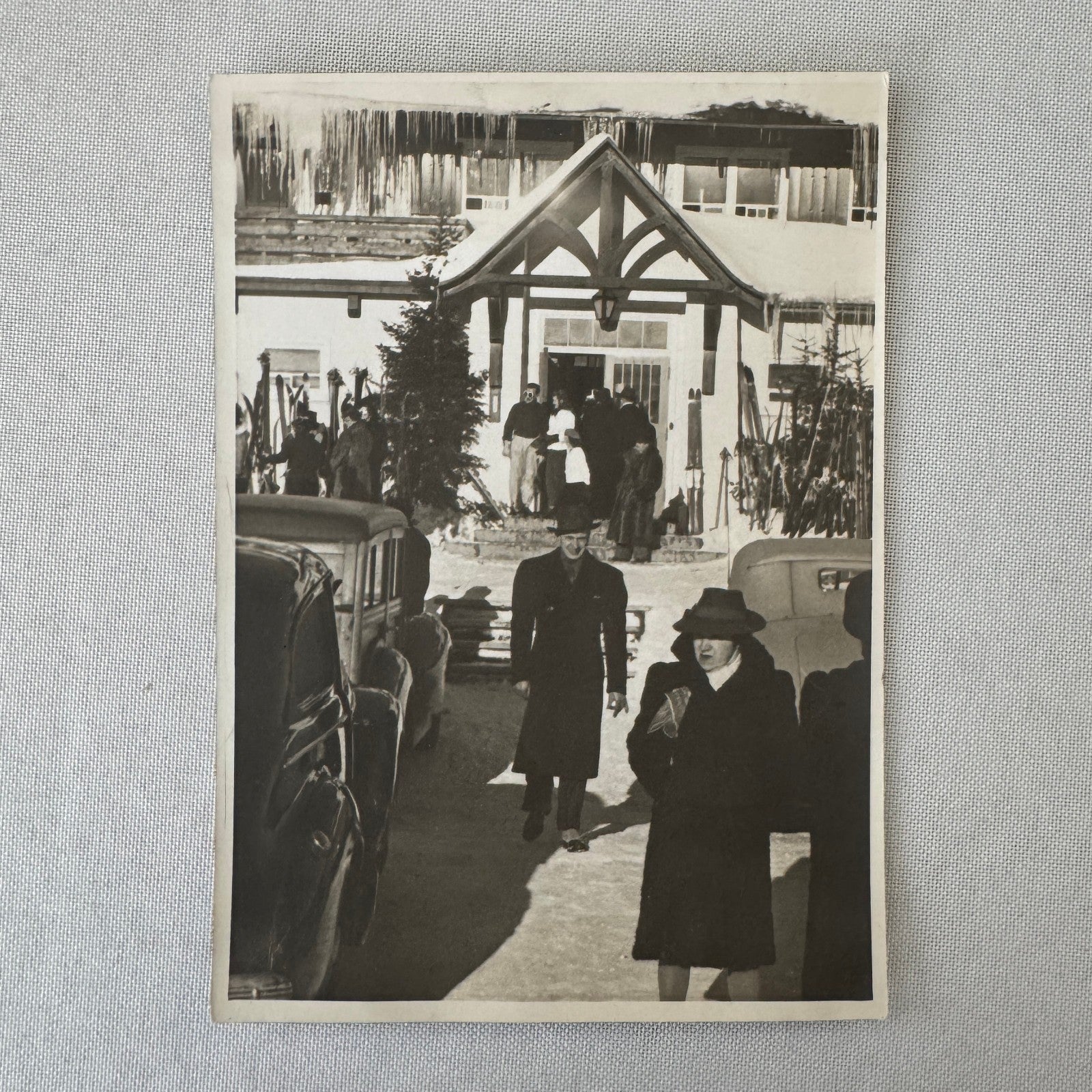 Vintage Photo Photograph Print Automobile Car People Winter Scene Building