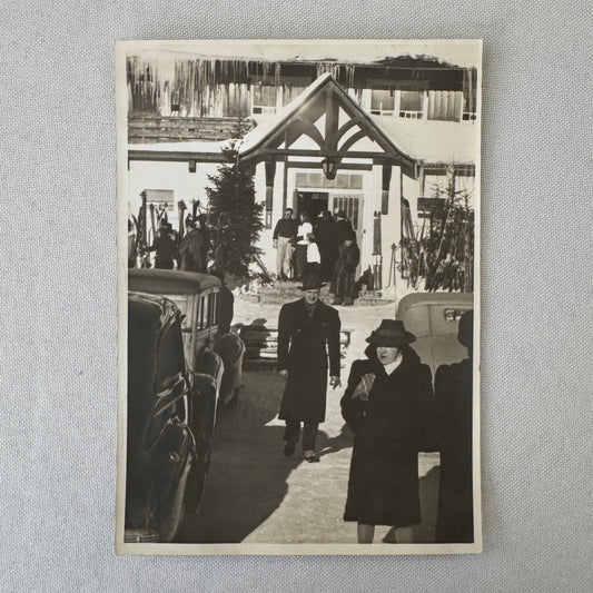 Vintage Photo Photograph Print Automobile Car People Winter Scene Building