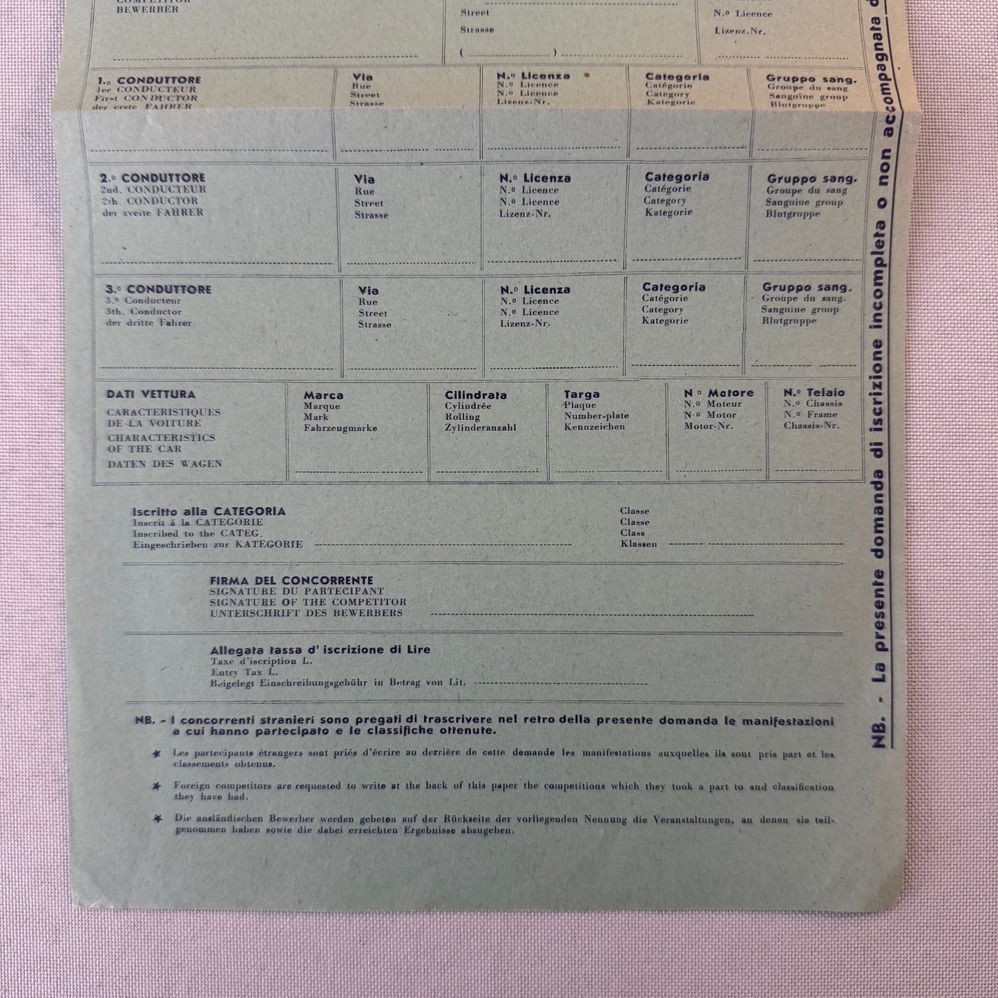 1961 Targa Florio Racing Race Application Form Document Vintage