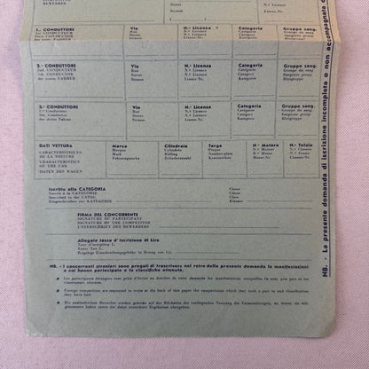 1961 Targa Florio Racing Race Application Form Document Vintage