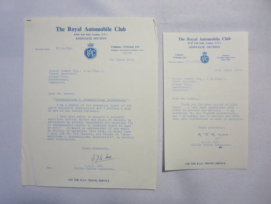 1964 Royal Automobile Club Letter Letterhead to Joseph Lowrey Journalist RAC 