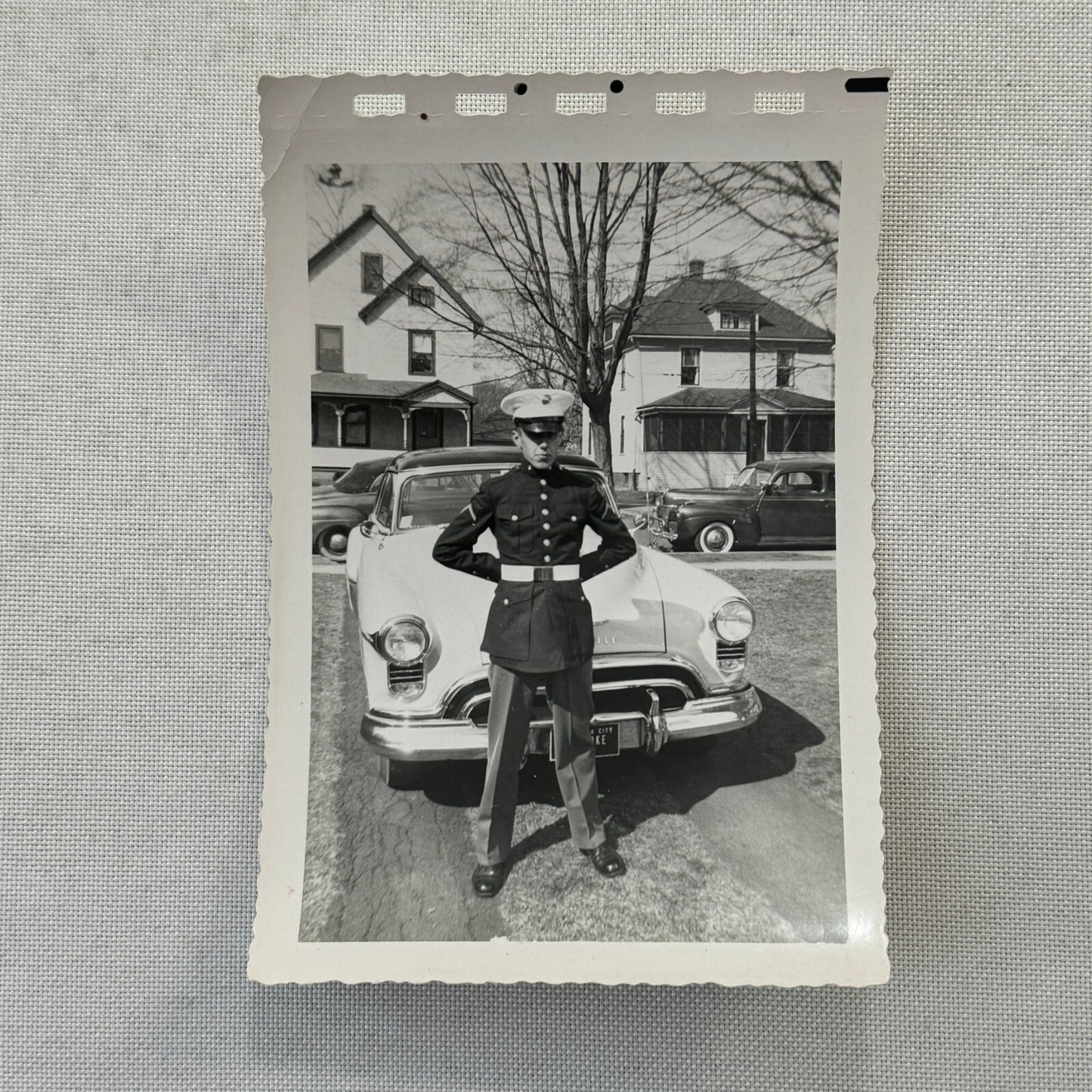 Man in Military Uniform with Vintage Oldsmobile Car Automobile Photo Photograph