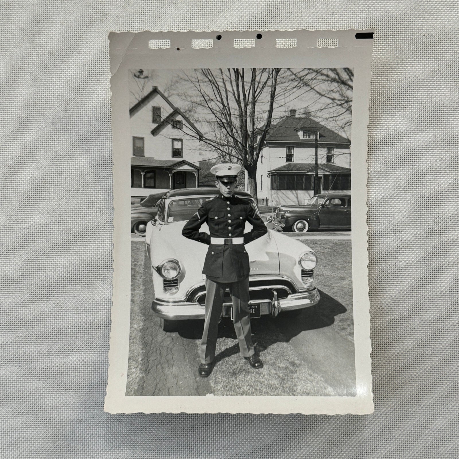 Man in Military Uniform with Vintage Oldsmobile Car Automobile Photo Photograph