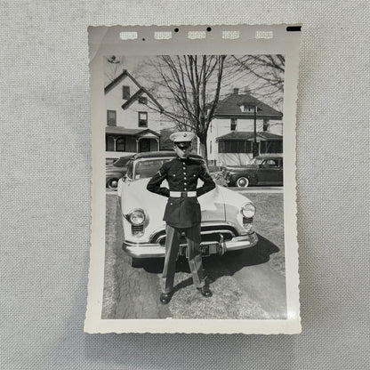 Man in Military Uniform with Vintage Oldsmobile Car Automobile Photo Photograph