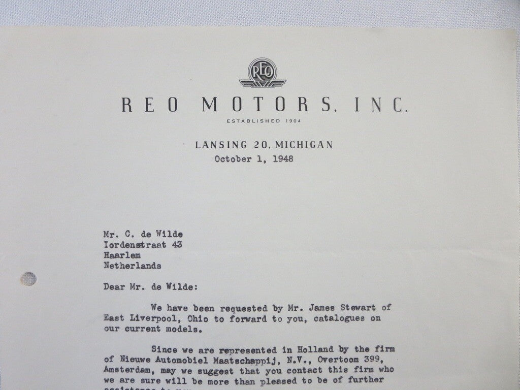 1948 REO Motors Inc Correspondence Letter Letterhead 