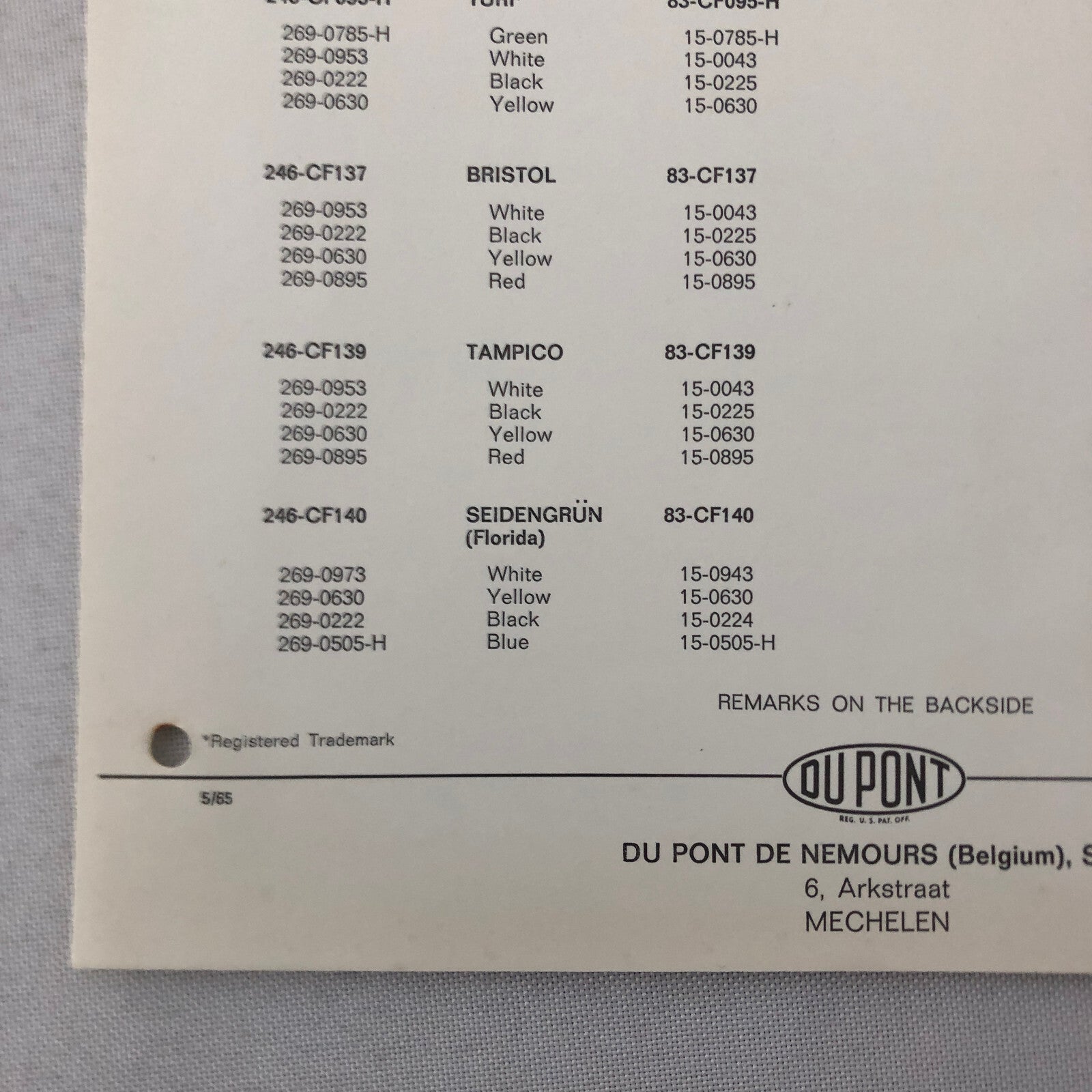 1965 BMW Car Dupont Paint Chip Color Sample Sheet