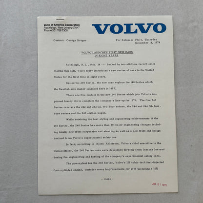 1975 Volvo Press Kit Brochure w/ Photos 164 240 Series Sedan Station Wagon 