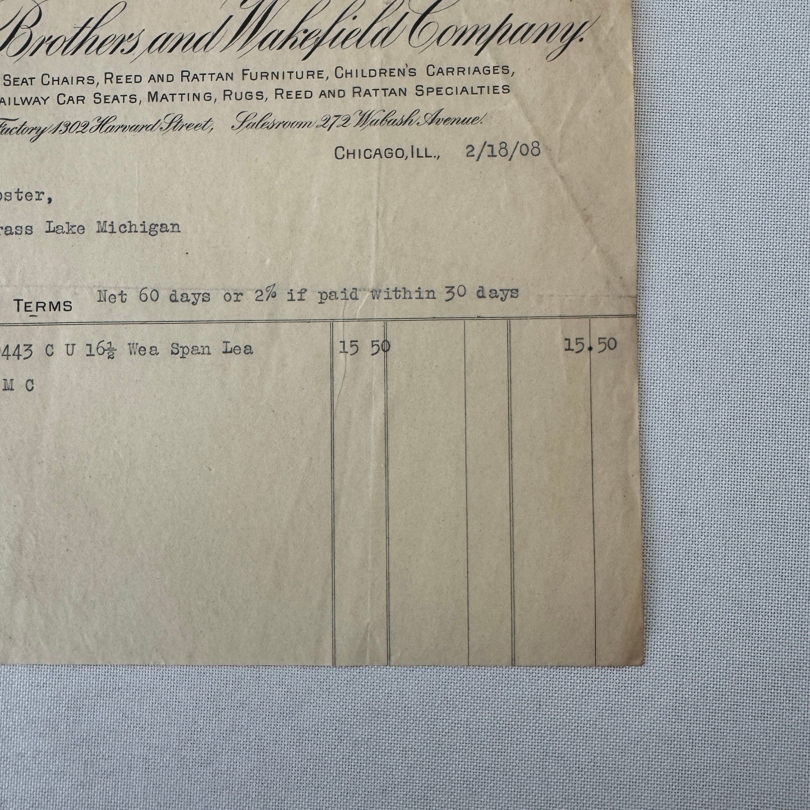 Heywood Brothers and Wakefield Receipt Invoice Document Letterhead 1908 Chicago
