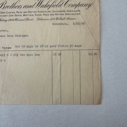Heywood Brothers and Wakefield Receipt Invoice Document Letterhead 1908 Chicago