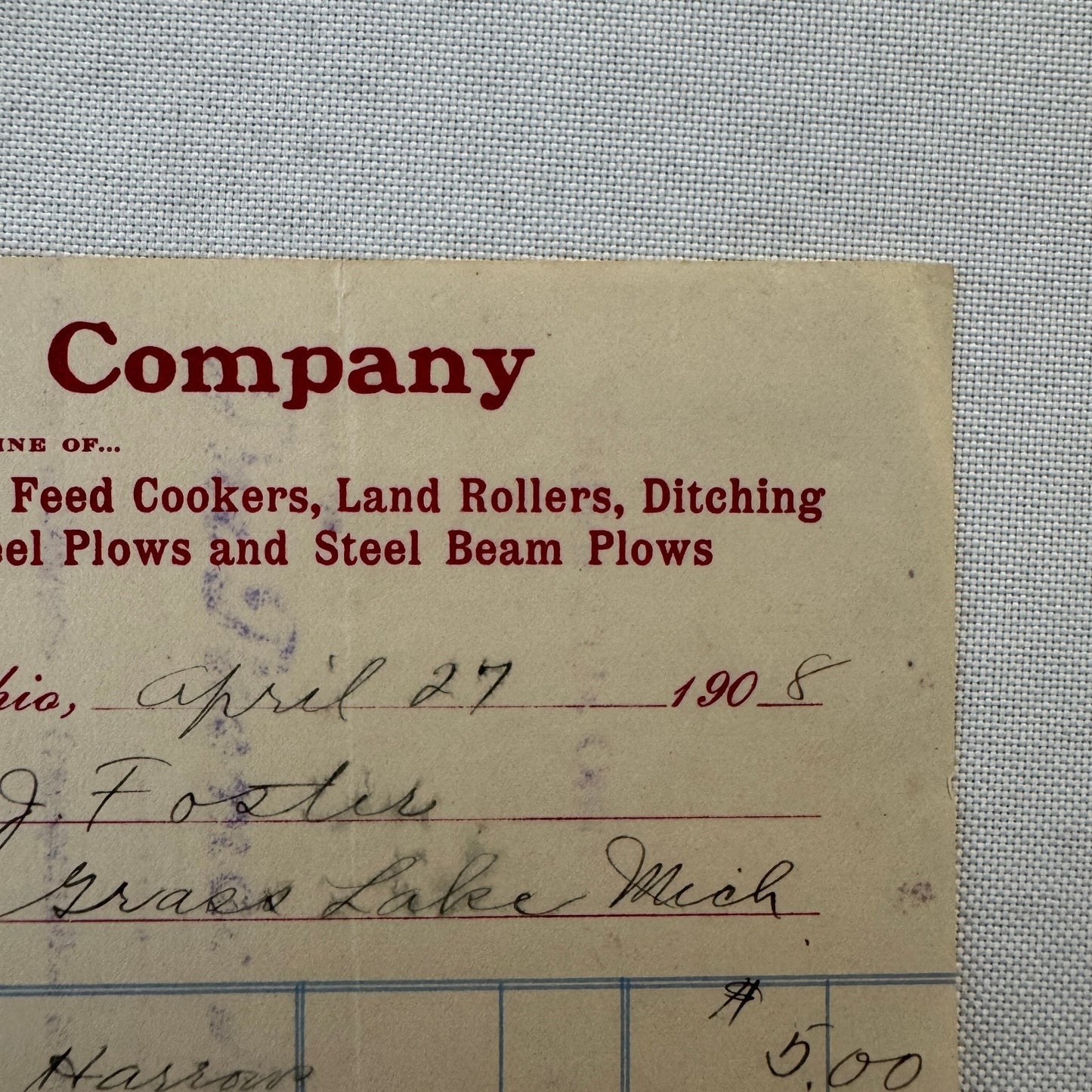 The Toledo Plow Company Invoice Receipt Document Lot 2x 1906 1908 Antique