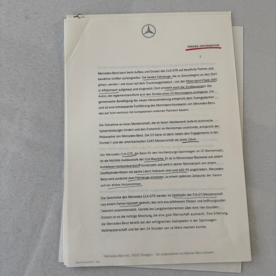 1997 Mercedes CLK GTR GT Racing Press Kit Photos GERMAN