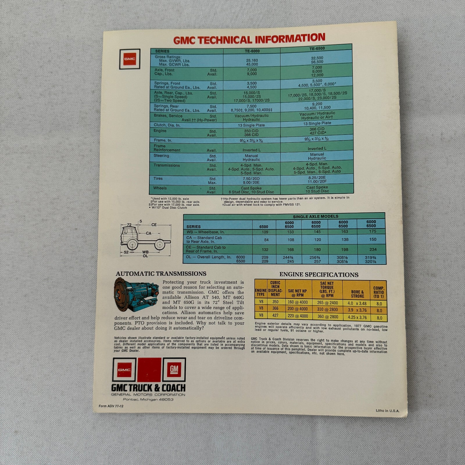 GMC Truck Sales Brochure Catalog TE-6000 T-6500 6000 6500 BBC Steel Tilt