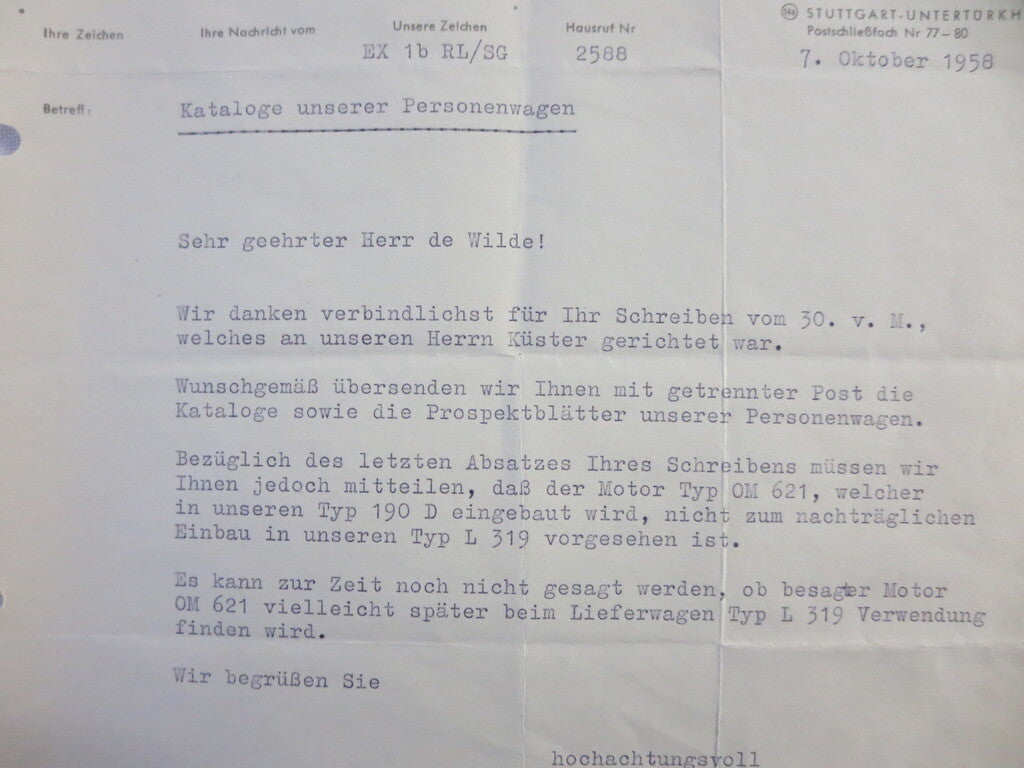 1958 Mercedes Benz Daimler Letter Letterhead Document - German Text 